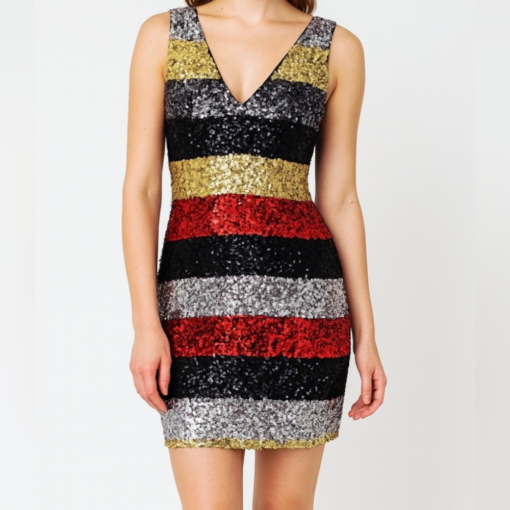 Black/Gold/Red/Silver Striped Sequin Mini Dress - Picture 1 of 5